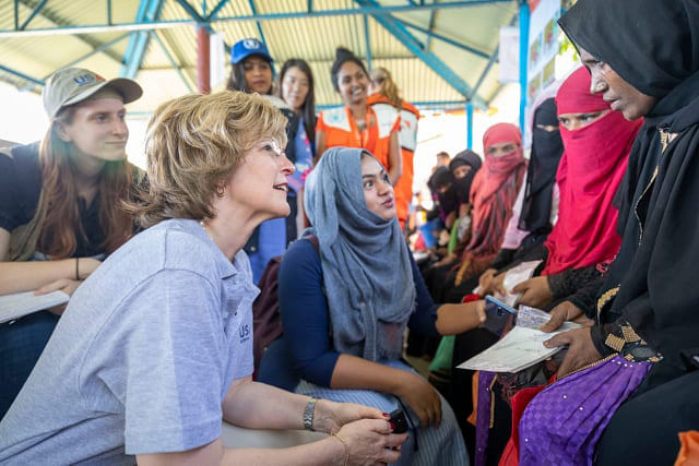 USAID deputy administrator Bonnie Glick and acting assistant secretary of State Alice G Wells talk to Rohingya woman in Cox’s Bazar. Photo: UNB