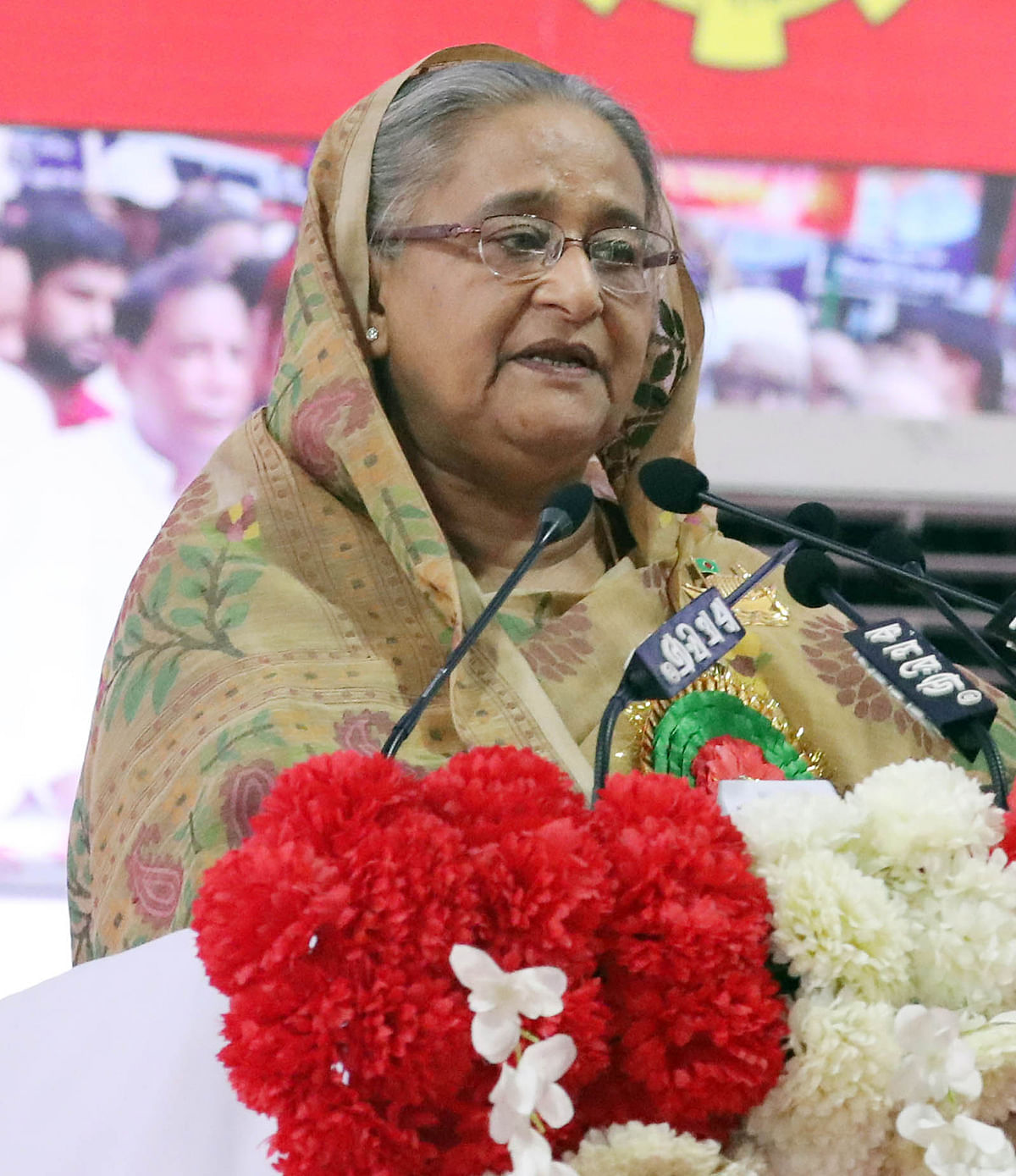 Prime minister Sheikh Hasina addresses the 13th council of Jatiya Sramik League at Suhrawardy Udyan on Saturday. Photo: PID