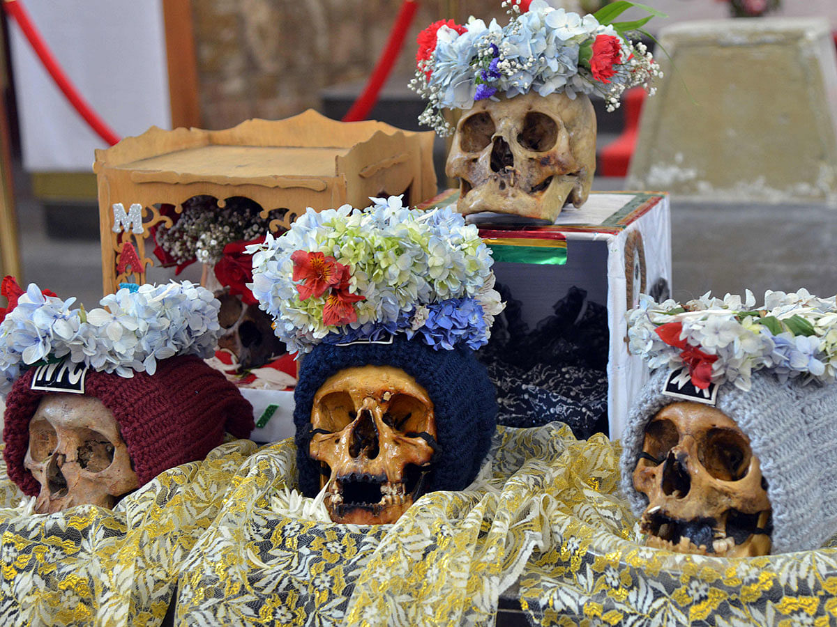 Picture of `natitas` (human skulls), taken during the celebration of the Andean ritual `Day of Skulls` -- known locally as Festividad de las Natitas -- at La Paz general cemetery, on 8 November 2019. Photo: AFP