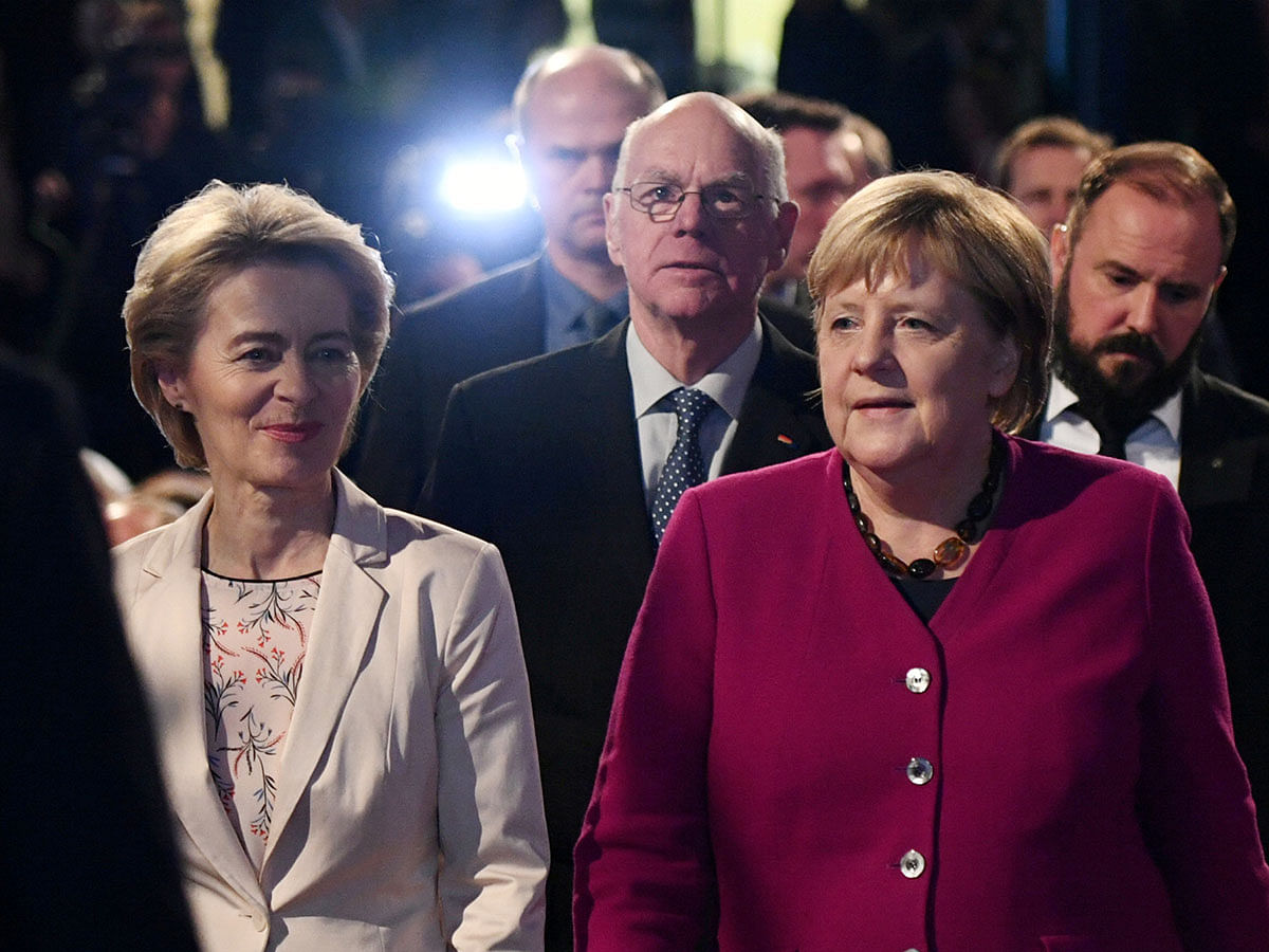 German Chancellor Angela Merkel (R) and EU Commission president-elect Ursula Von der Leyen arrive to hold a speech on the present situation in Europe, in Berlin, Germany on 8 November 2019. Photo: Reuters