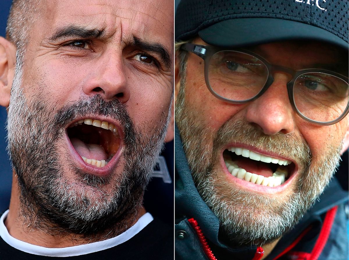 Manchester City`s Spanish manager Pep Guardiola and Liverpool`s German manager Jurgen Klopp. Photo: AFP