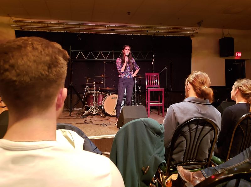 Kasha Patel, a chemist and science writer for NASA, performs her stand-up comedy act at State College, Pennsylvania on 26 October, 2019. Photo: AFP