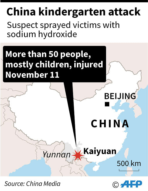Map locating Kaiyuan, China where more than 50 people, mostly children, were injured in a chemical attack at a kindergarten on Monday, according to state media. AFP illustration