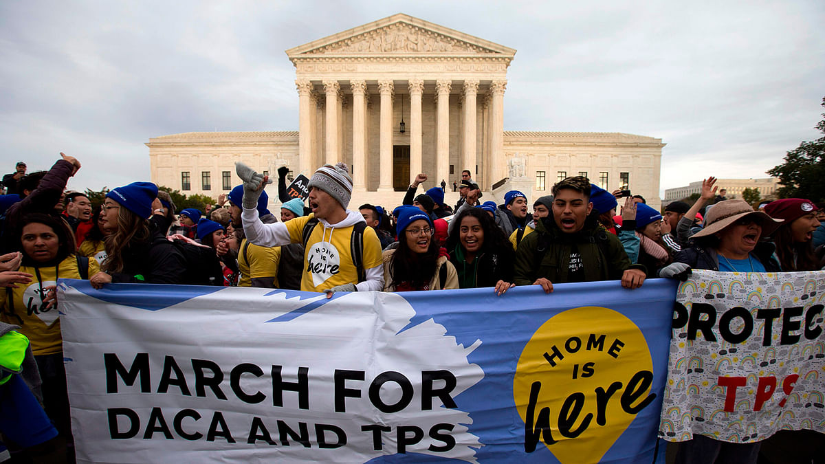 In this file photo taken on 10 November 2019 demonstrators arrive in front of the US Supreme Court during the `Home Is Here` March for Deferred Action for Childhood Arrivals (DACA), and Temporary Protected Status (TPS in Washington DC. Photo: AFP