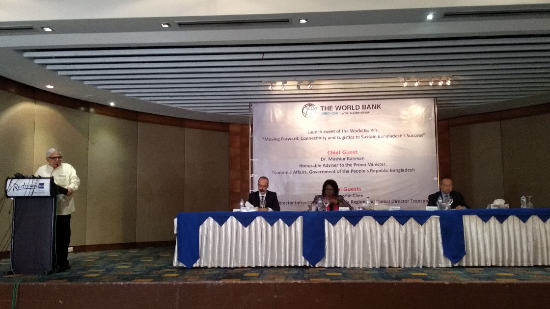 Dr Mashiur Rahman, economic affairs adviser to the prime minister speaking at World Bank`s report launching program at a hotel in Dhaka on Wednesday. Photo: UNB