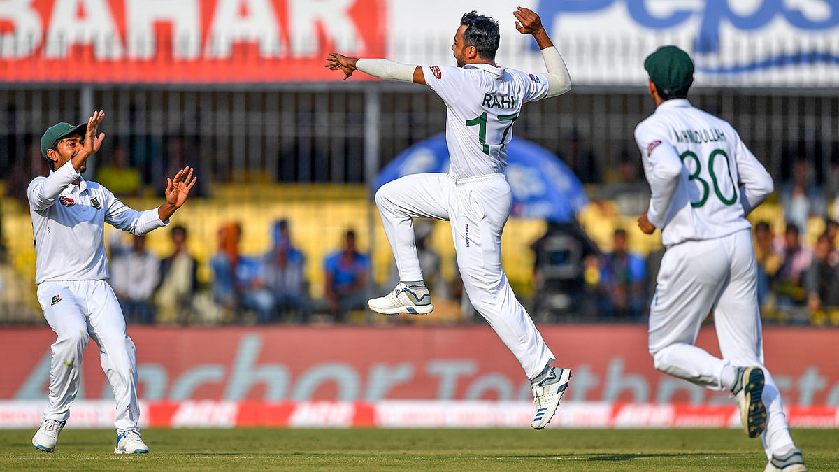 Bangladesh`s Abu Jayed Rahi (C) jumps in the air to celebrate after taking the wicket of India`s Rohit Sharma (unseen) during the first day of the first test cricket match of a two-match series between India and Bangladesh at Holkar Cricket Stadium in Indore on 14 November 2019. Photo: AFP