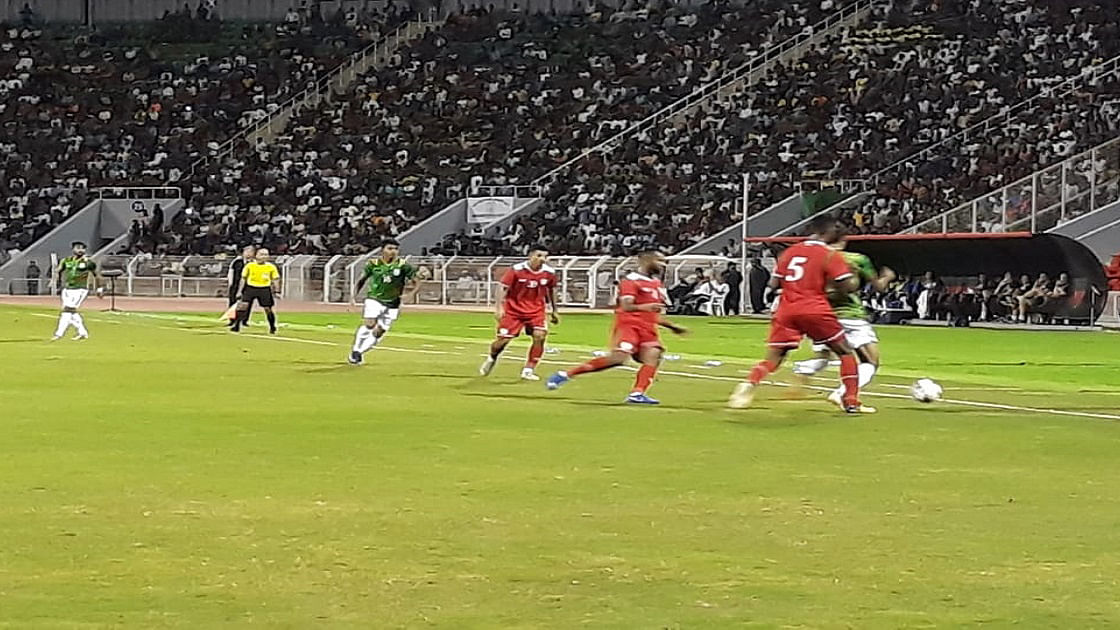 Midfielders Mohsin Al Khaldi, Rabia Al Mandhar and Arshad Al Alaw and defender Amran Al Hidi scored one goal each for hosts Oman. Photo: UNB