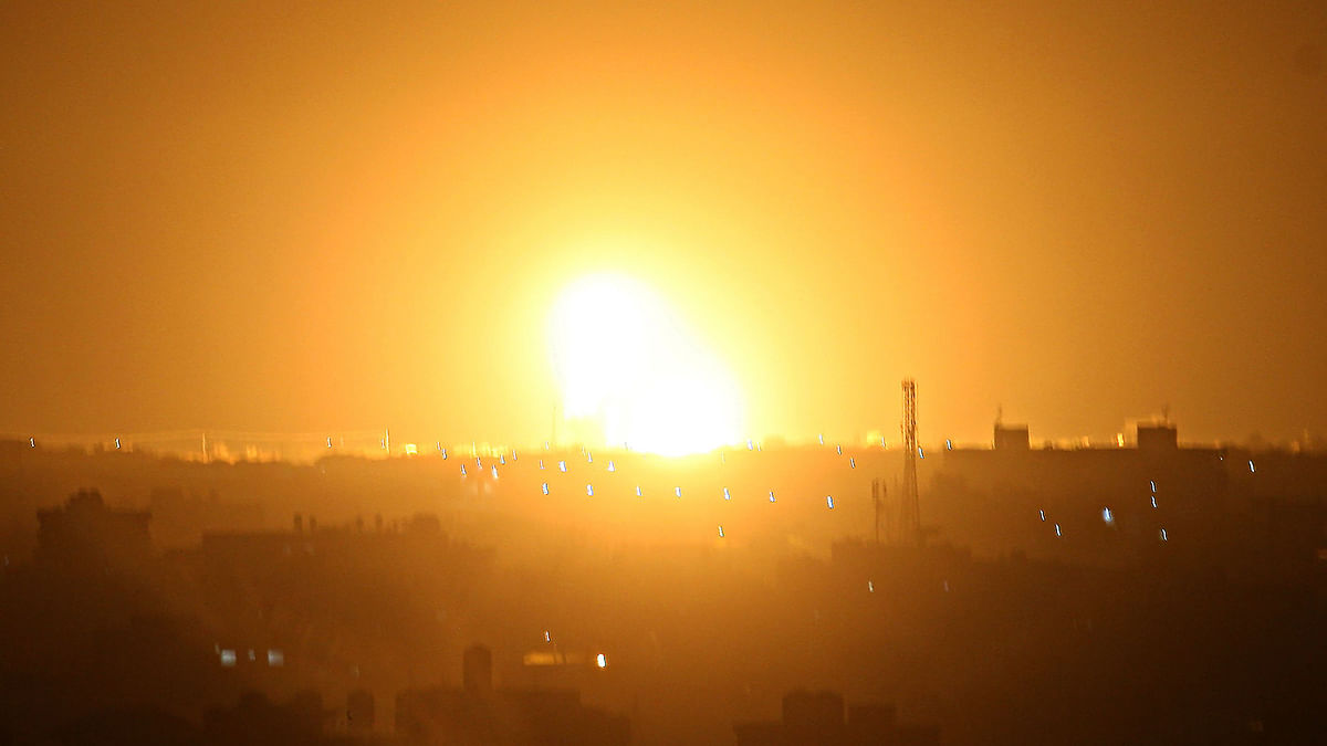 A ball of fire is seen following an Israel airstrike in Khan Yunis in the southern Gaza Strip early on 15 November 2019. An Israel launched fresh strikes against Islamic Jihad targets in Gaza, the army said early Friday, weakening a ceasefire put in place after fighting this week killed 34 Palestinians in exchanges of fire. Photo: AFP