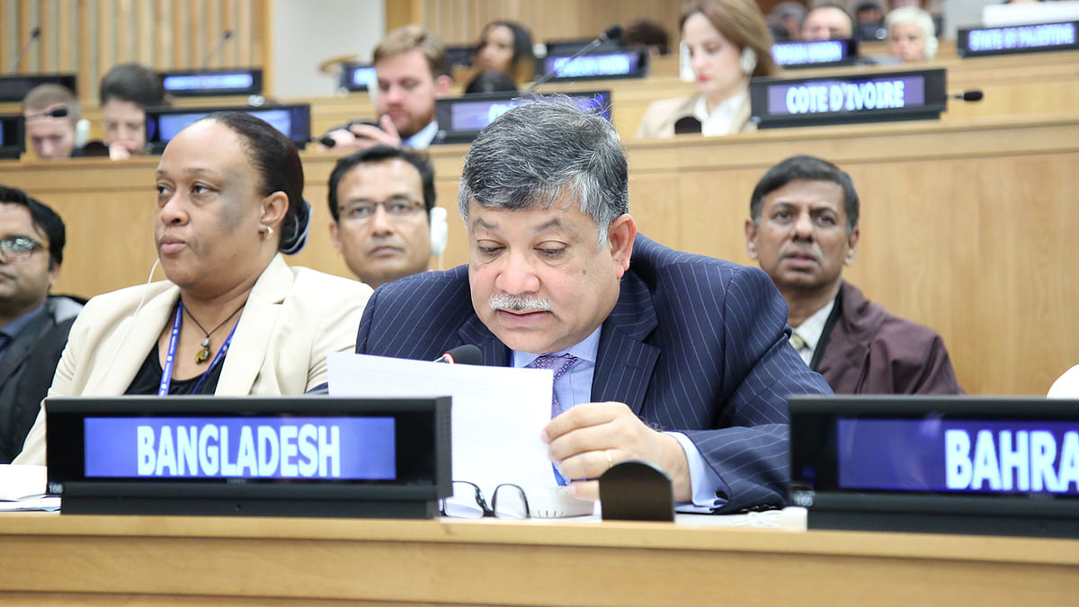 Masud Bin Momen, Bangladesh’s permanent representative at the UN speaks during the resolution. Photo: Bangladesh Permanent Mission at the United Nations