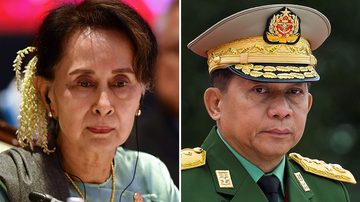 This combination of file photos created on 14 November 2019, shows Myanmar State Counsellor Aung San Suu Kyi (L) attending the 35th Association of Southeast Asian Nations (ASEAN) Summit in Bangkok on 4 November 2019 and Myanmar military chief Senior General Min Aung Hlaing attending the 71th anniversary of Martyrs` Day in Yangon on 19 July 2018. Photo: AFP