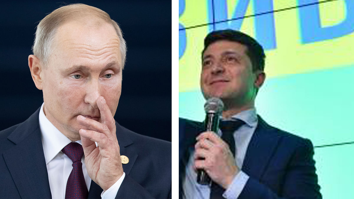 A combination made by Prothom Alo of Russia`s president Vladimir Putin gestures before the 11th BRICS Summit at the Itamaraty palace on 14 November 2019 in Brasilia, Brazil (AFP) and Ukrainian comic actor and then presidential frontrunner Volodymyr Zelensky (C) delivers a speech after the first exit poll results at his campaign headquarters in Kiev on 31 March 2019 (Reuters)