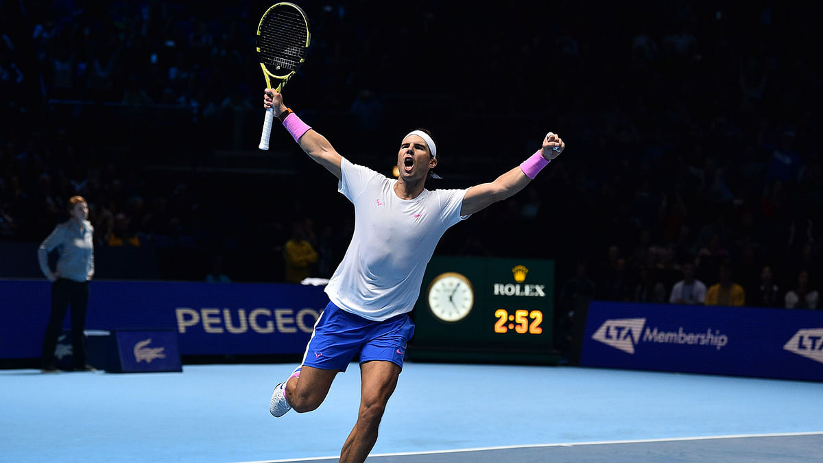 Spain`s Rafael Nadal celebrates victory against Greece`s Stefanos Tsitsipas during their men`s singles round-robin match on day six of the ATP World Tour Finals tennis tournament at the O2 Arena in London on 15 November 2019. Photo: AFP
