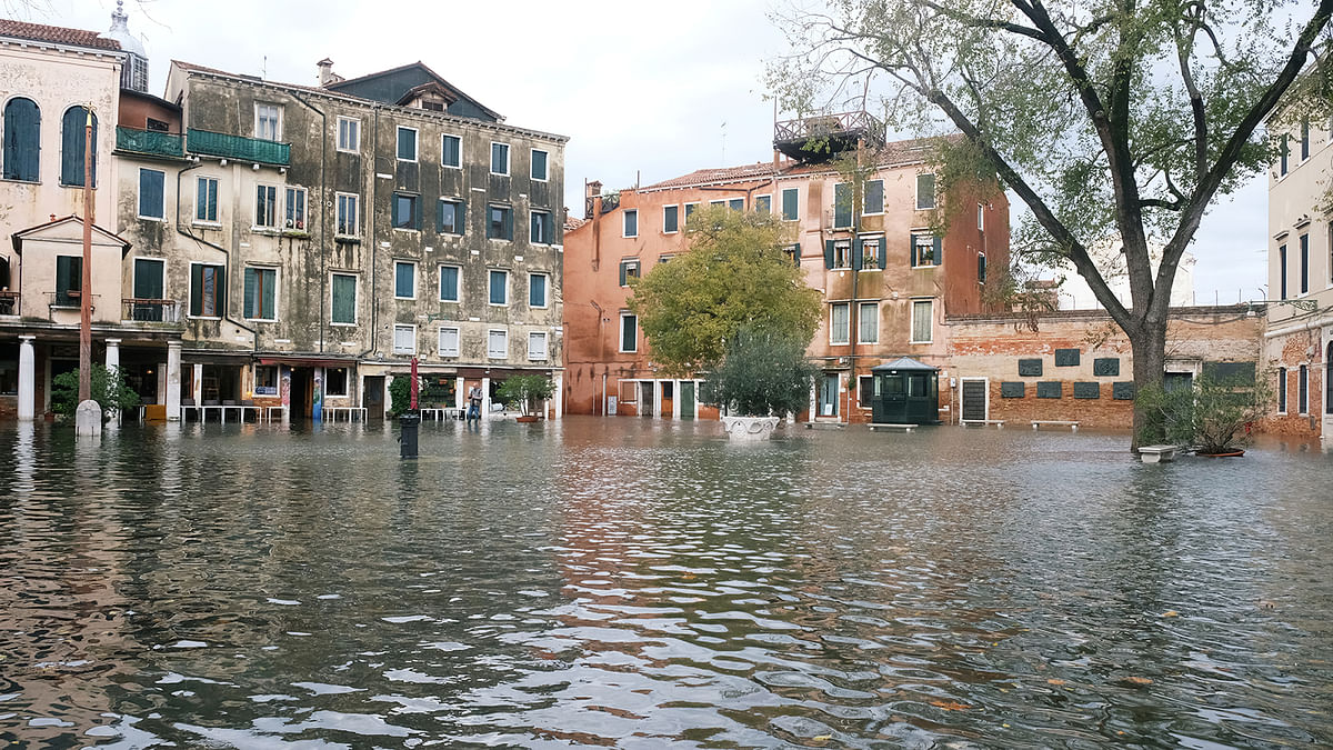 A view of the flooded Jewish Ghetto during a period of seasonal high water in Venice, Italy on 15 November 2019. Photo: Reuters