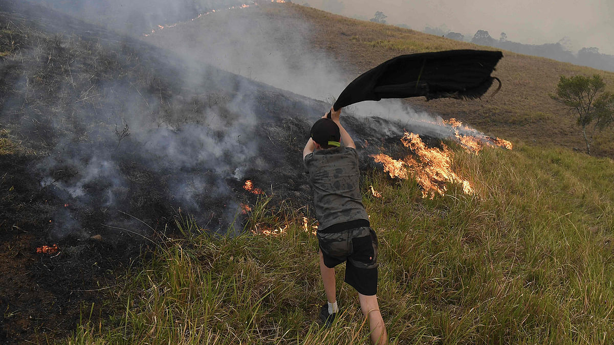 A boy uses a towel to help put out flames as they encroach on farmland near the town of Taree, some 350kms north of Sydney, on 14 November 2019. The death toll from devastating bushfires in eastern Australia has risen to four after a man`s body was discovered in a scorched area of bushland, police said on 14 November. Photo: AFP