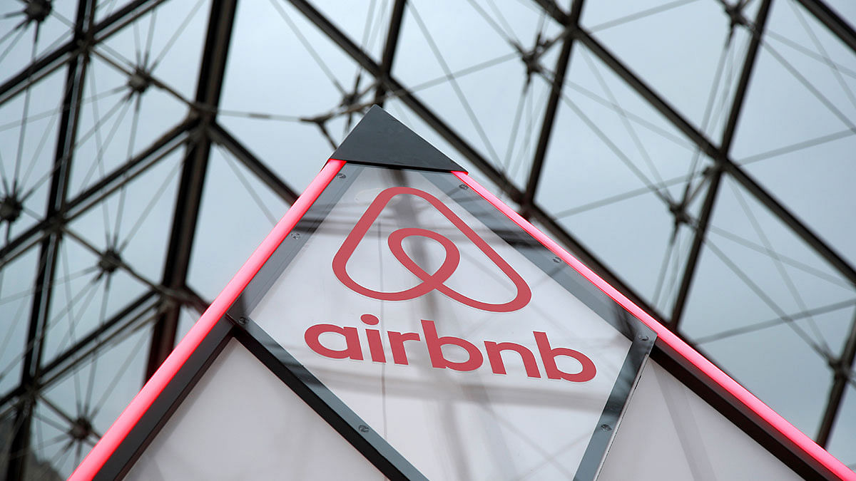 The Airbnb logo is seen on a little mini pyramid under the glass Pyramid of the Louvre museum in Paris, France on 12 March. Photo: Reuters