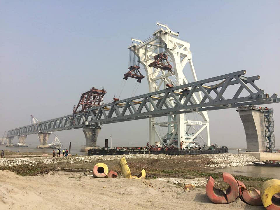 Around 2.5 km out of 6.15-km of the much-hyped Padma bridge has become visible after installation of the 16th span on Tuesday noon. Photo: Collected. reports UNB.