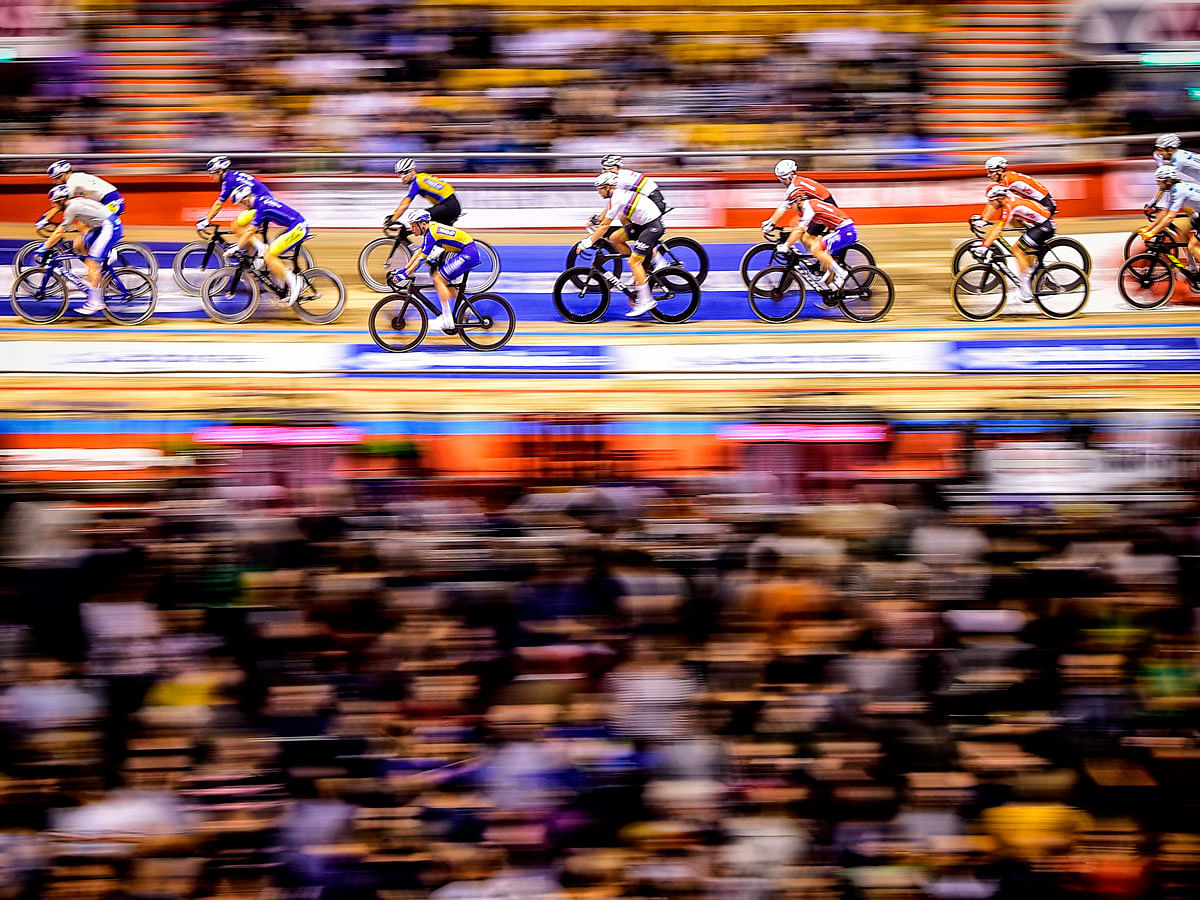 Track riders compete during the Zesdaagse Vlaanderen-Gent six-day indoor cycling race at the `t Kuipke ` cycling arena, on 17 November 2019 in Gent. Photo: AFP