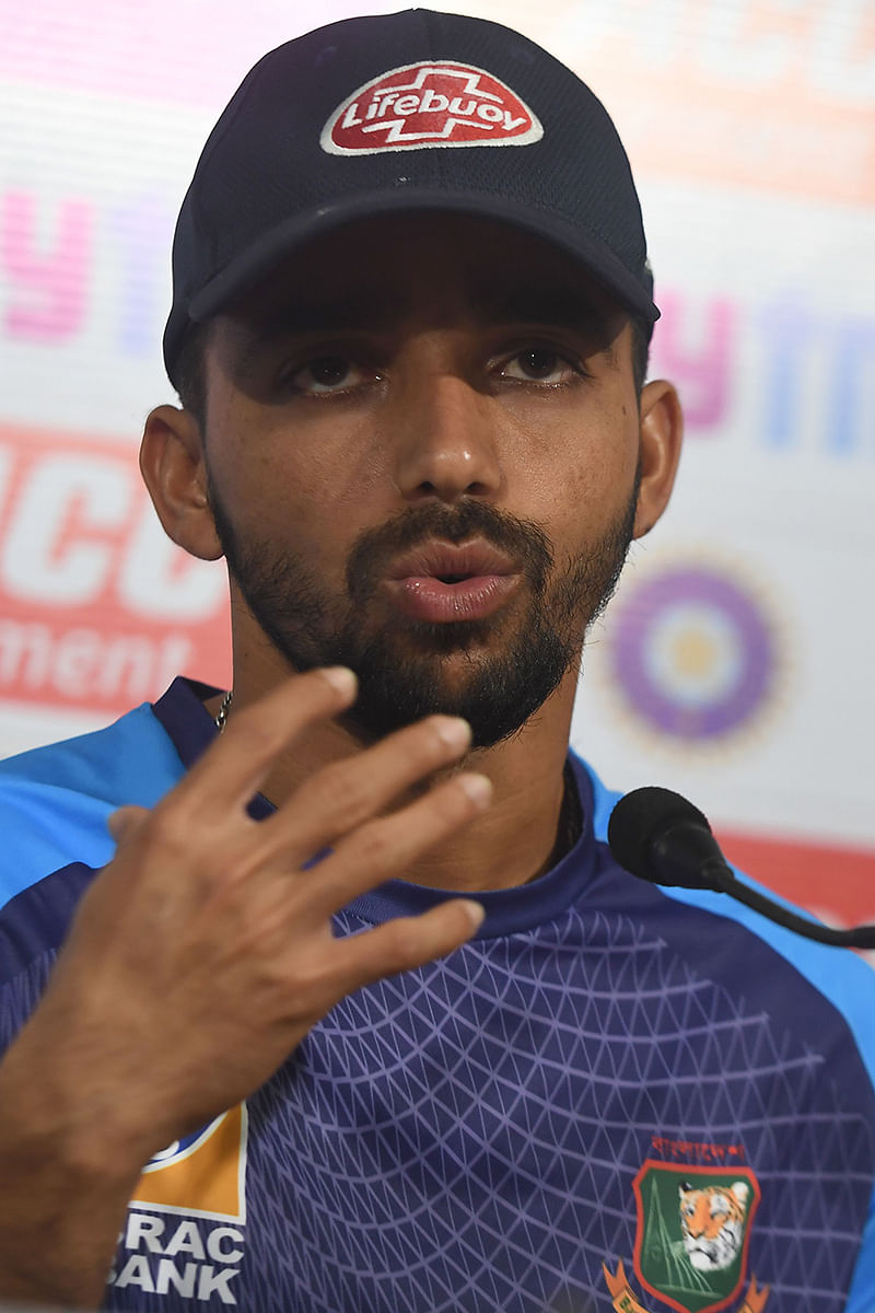 Bangladesh`s cricket team captain Mominul Haque speaks during a news conference in Kolkata on 21 November 2019, ahead of the second Test cricket match between India and Bangladesh. Photo: AFP