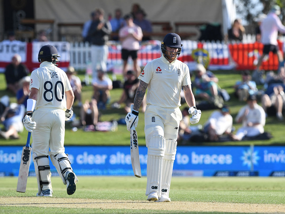 England`s Ben Stokes celebrates his half century in the First Test against New Zealand at Bay Oval, Mount Maunganui, New Zealand on 21 November 2019. Photo: Reuters