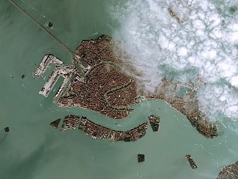 This handout satellite image courtesy of Cnes 2019 released on 18 November 2019 by Airbus DS shows a view of Venice on 14 November 2019 during `acqua alta`, or high waters which hit their highest level in half a century. Photo: AFP