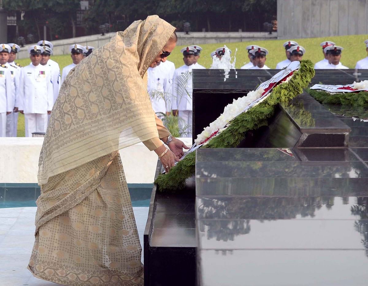 Prime minister Sheikh Hasina on Thursday pays tribute to the members of Armed Forces, who made their supreme sacrifices during the War of Liberation, by placing a wreath at the Shikha Anirban in Dhaka Cantonment on the occasion of the Armed Forces Day-2019. Photo: PID