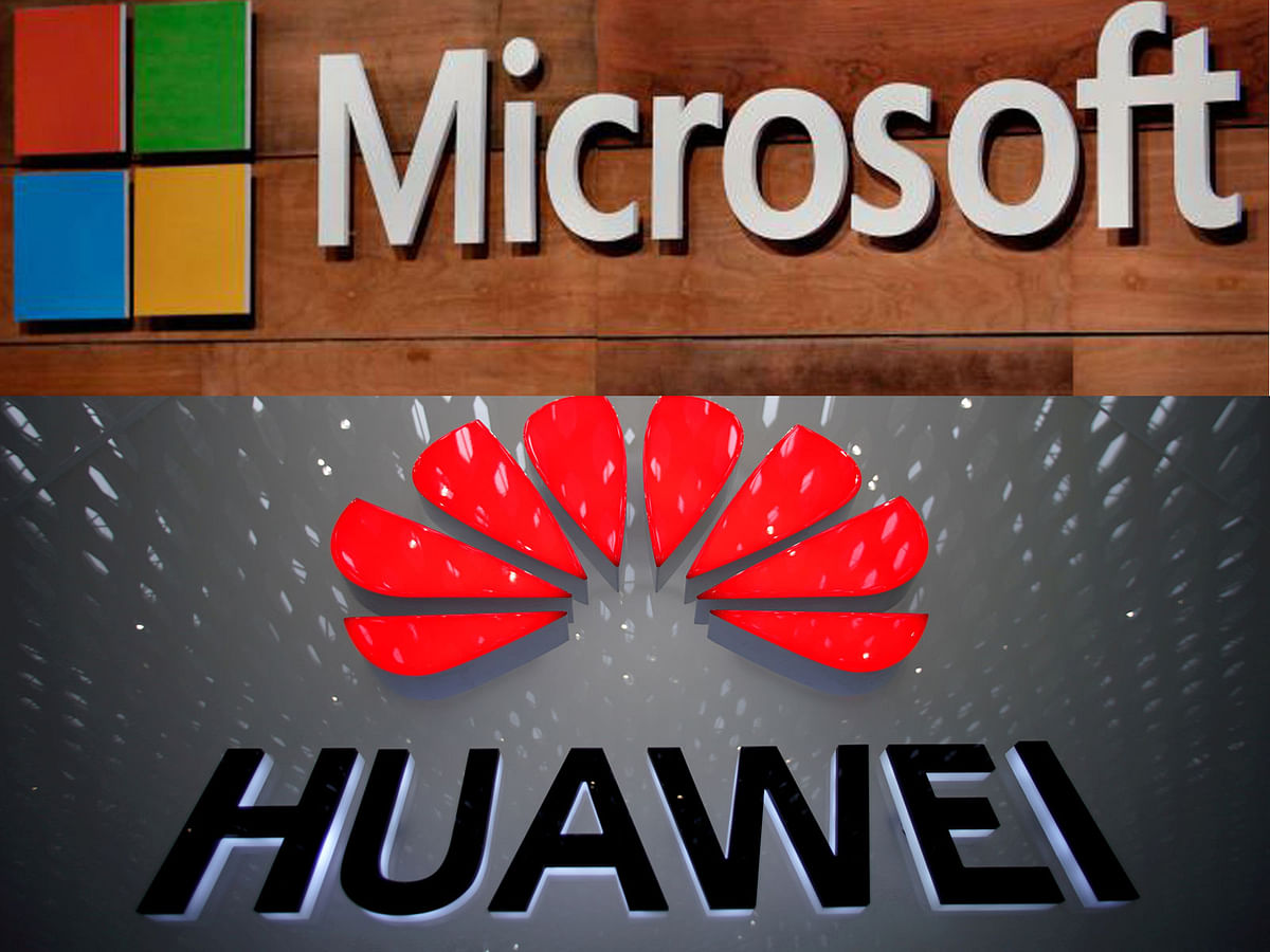 A combination of Microsoft and Huawei logos. Reuters and AFP file photos