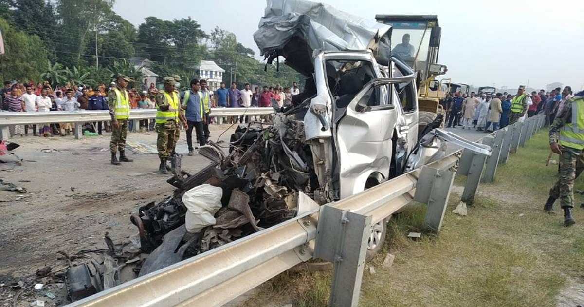 The mangled microbus involved in an accident in Sreenagar, claiming 8 lives on 22 November, 2019. Photo: UNB