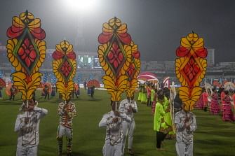 Dancers perform at the end of the first day of the second Test cricket match of a two-match series between India and Bangladesh at the Eden Gardens cricket stadium in Kolkata on 22 November 2019. Photo: AFP