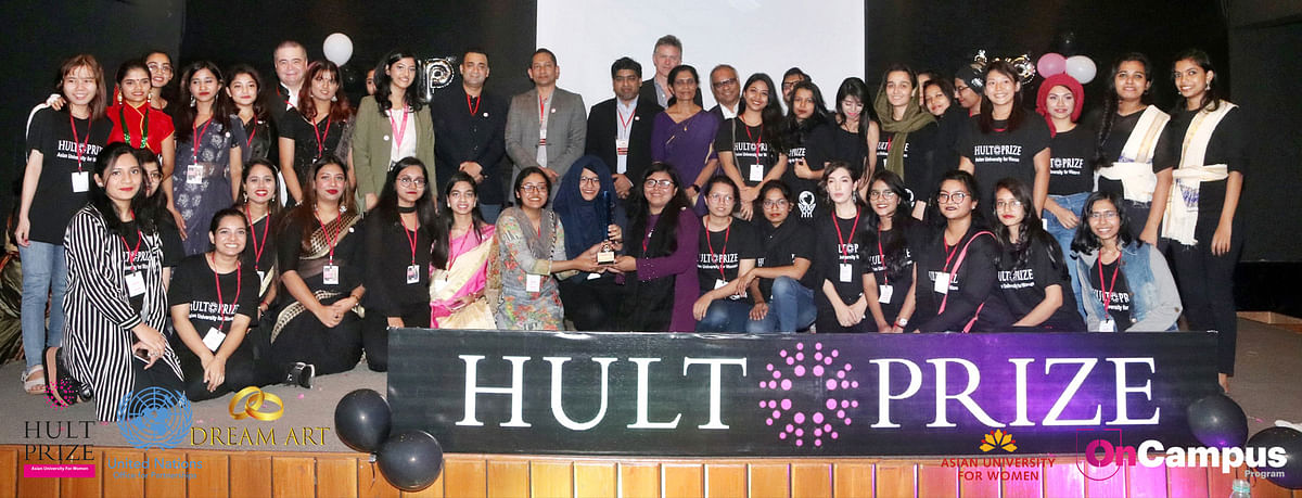 Winning teams of AUW Hult Prize-2019 with guests on AUW campus on 22 November, 2019. Photo: Collected