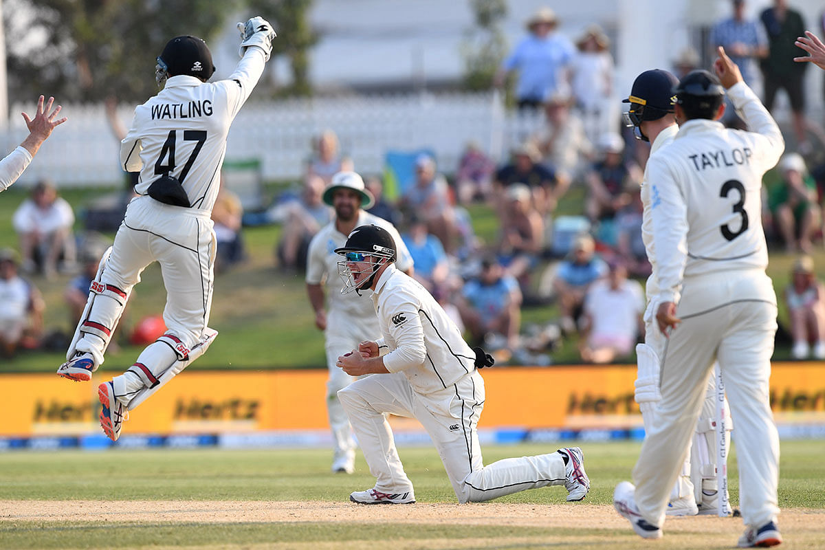 New Zealand`s Tom Latham celebrates taking the wicket of England`s Jack Leach in the first Test at Bay Oval, Mount Maunganui, New Zealand on 24 November 2019. Photo: Reuters