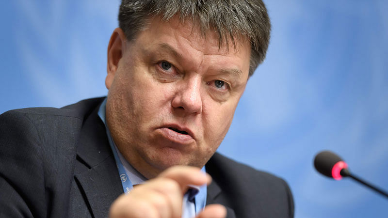World Meteorological Organization (WMO) secretary-general Petteri Taalas gestures as he attends a press conference on the publishing of the annual Greenhouse Gas Bulletin on atmospheric concentrations of CO2 on 25 November 2019 in Geneva. Photo: AFP