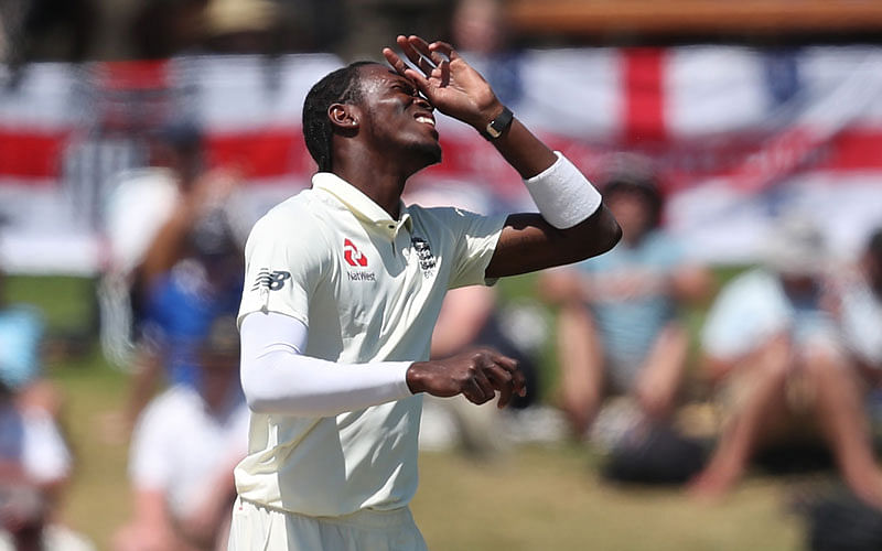 England’s Jofra Archer reacts after bowling during the fourth day of the first cricket test between England and New Zealand at Bay Oval in Mount Maunganui, New Zealand on 24 November, 2019. Photo: AFP