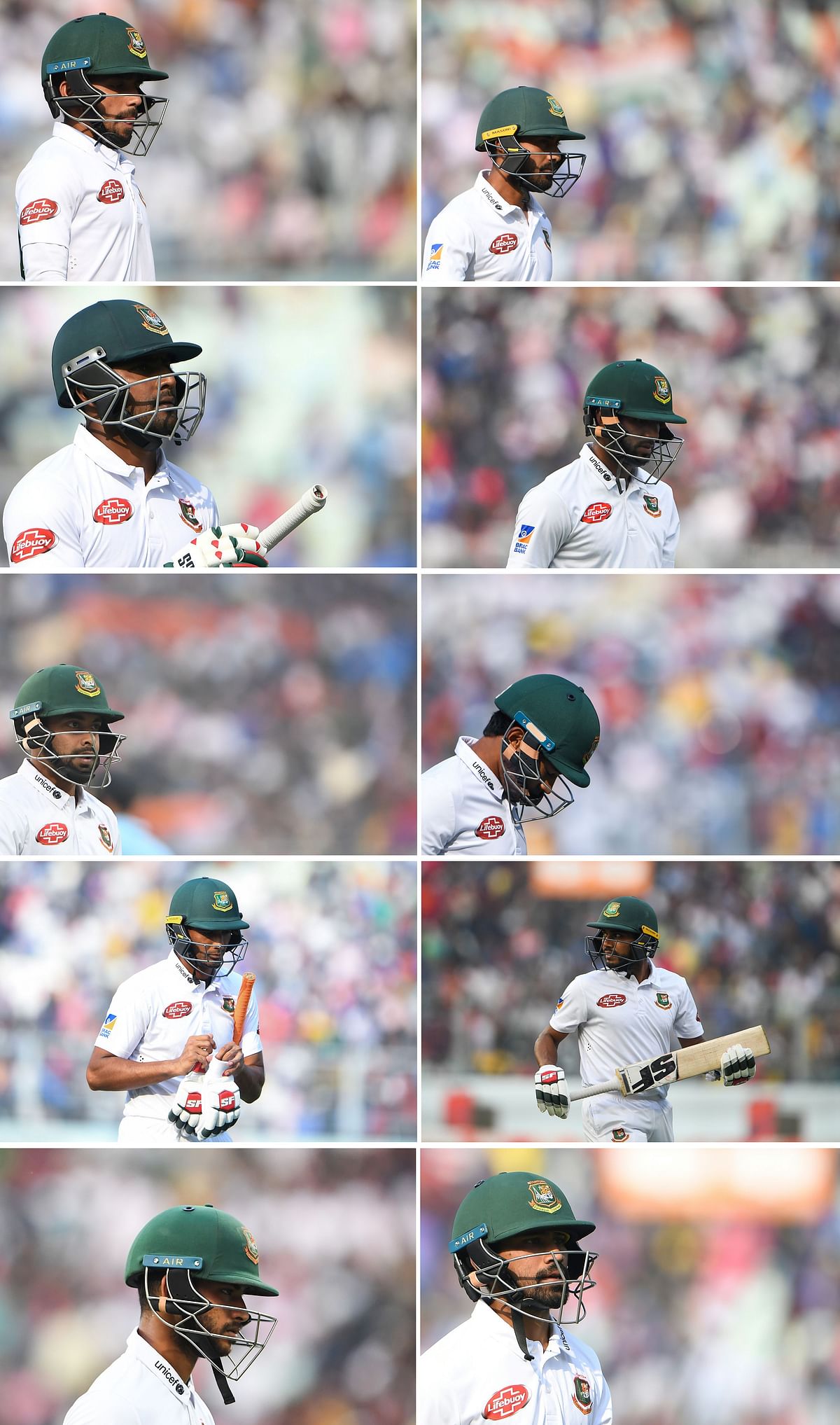 In this combination of pictures taken on 22 November, 2019, (From top L to bottom) shows Bangladesh`s cricketers captain Mominul Haque, Imrul Kayes, Abu Jayed, Mahmudullah, Nayeem Hasan and (From top R to bottom) Mohammad Mithun, Ebadat Hossain, Mushfiqur Rahim, Mehidy Hasan Miraz and Shadman Islam after their dismissal during the first day of the second Test cricket match of a two-match series between India and Bangladesh at The Eden Gardens cricket stadium in Kolkata on 22 November, 2019. Photo: AFP