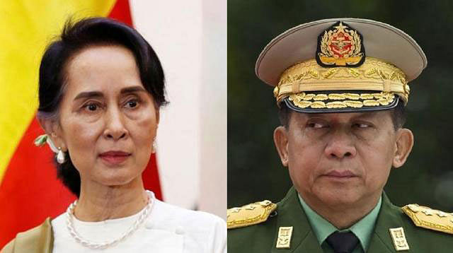 Myanmar state counsellor Aung San Suu Kyi and army commander-in-chief general Min Aung Hlaing. Photo: Reuters and AFP
