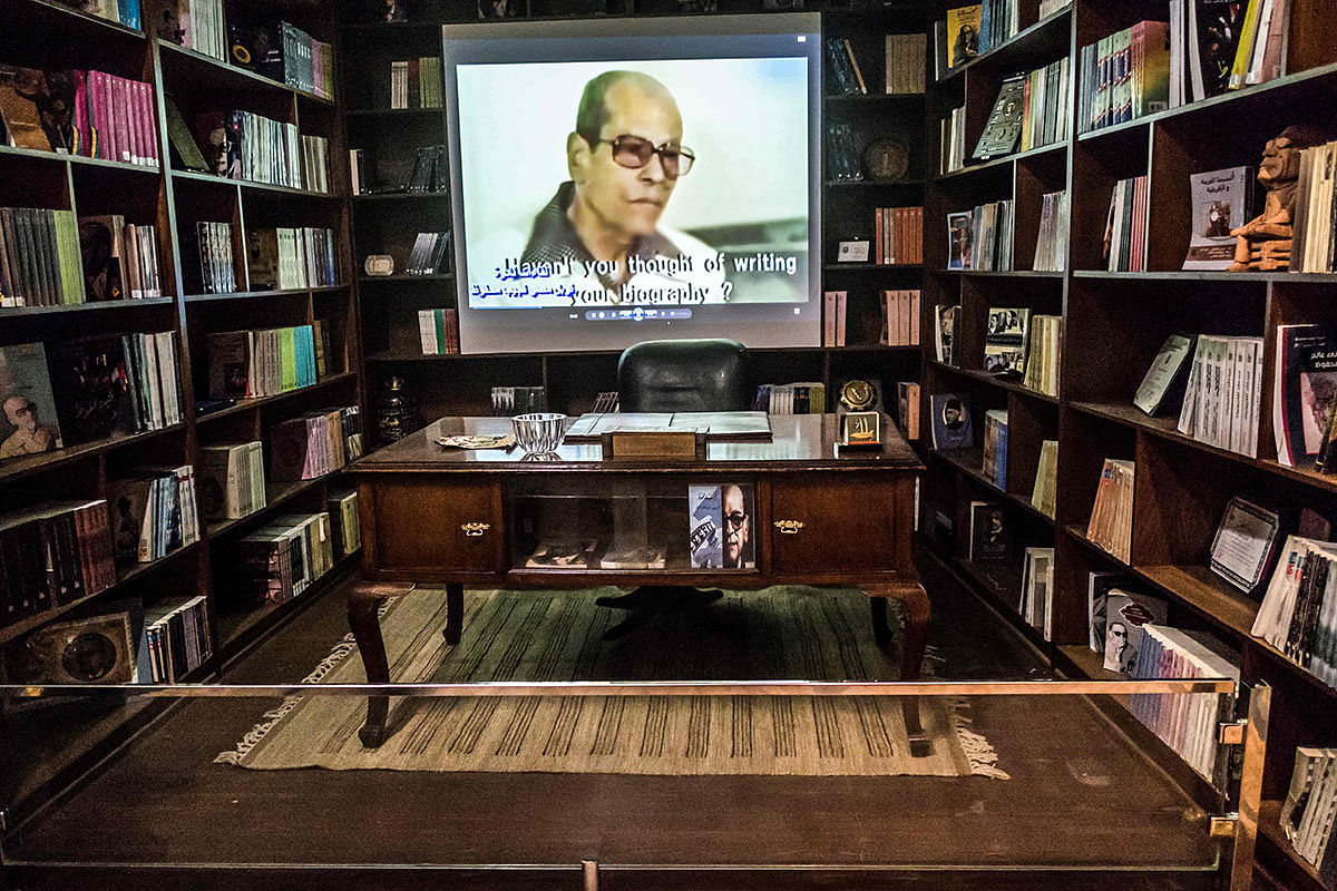 A picture taken on 7 November 2019 shows the desk of Egyptian novelist and nobel prize winner Naguib Mahfouz displayed at his museum at al-Azhar district in the heart of the capital Cairo. AFP