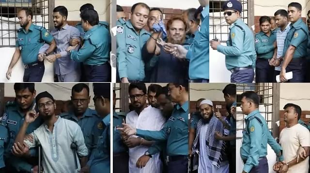 A combination of various photos of the accused of Holey Artisan attack, produced before the court on Wednesday. Photo: Prothom Alo