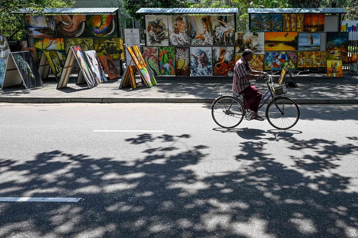 A man cycles past paintings for sale at a roadside stall in Colombo on 27 November. Photo: AFP