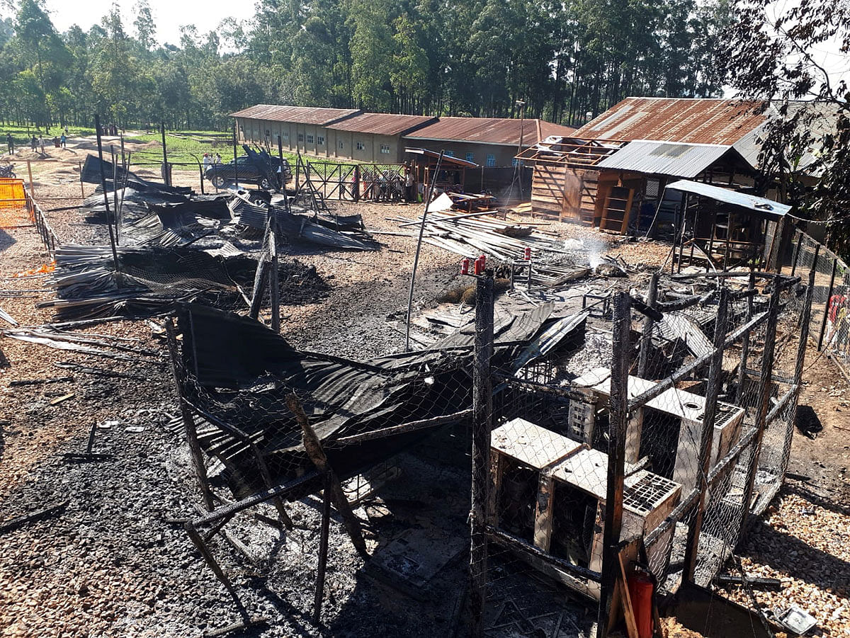 Burned structures are seen after attackers set fire to an Ebola treatment center run by Medecins Sans Frontieres (MSF) in the east Congolese town of Katwa, Democratic Republic of Congo on 25 February 2019. Photo: Reuters