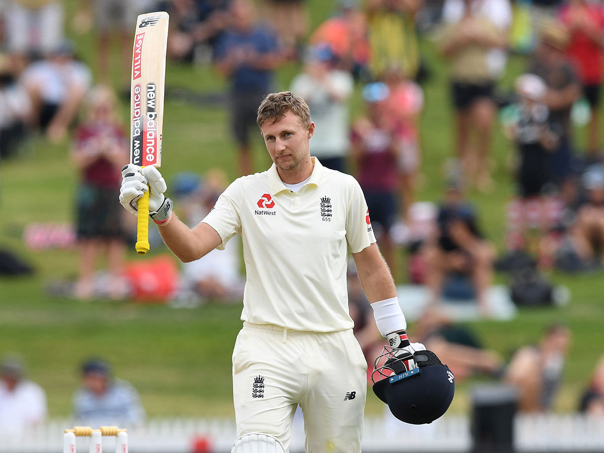 England`s Joe Root celebrates his century in the Second Test against New Zealand at Seddon Park, Hamilton, New Zealand on 1 December 2019. Photo: Reuters