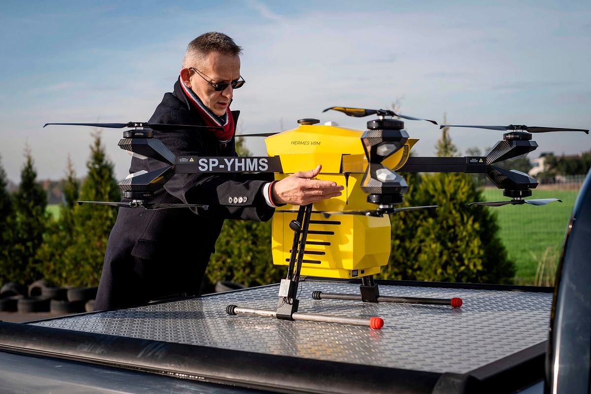 Company founder and chief inventor of Polish firm Spartaqs Slawomir Huczala checks a Hermes V8MT drone at his company`s headquarters of the firm in Mikolow, southern Poland, on 20 November 2019. Photo: AFP