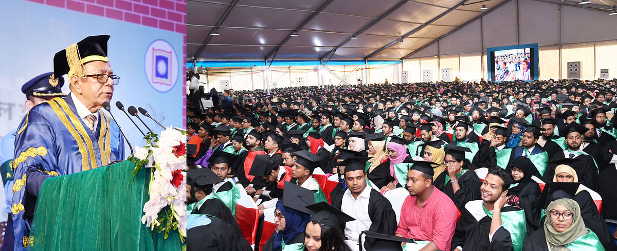 President Abdul Hamid addresses the 11th Convocation of Rajshahi University, held at RU’s Sheikh Kamal Stadium on Saturday. Photo: PID