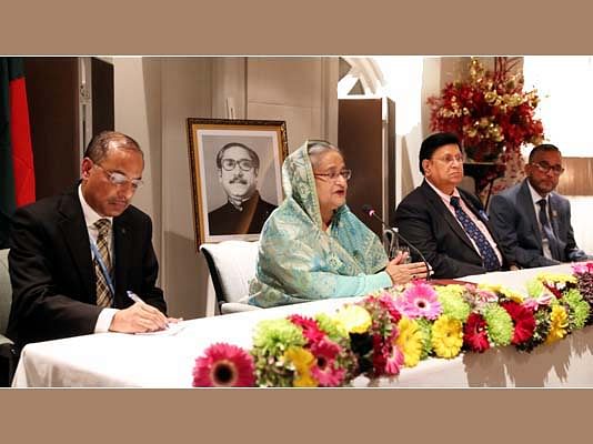 Prime minister Sheikh Hasina speaks while addressing a reception at Spanish embassy in Villa Magna on 1 December, 2019. Photo: BSS