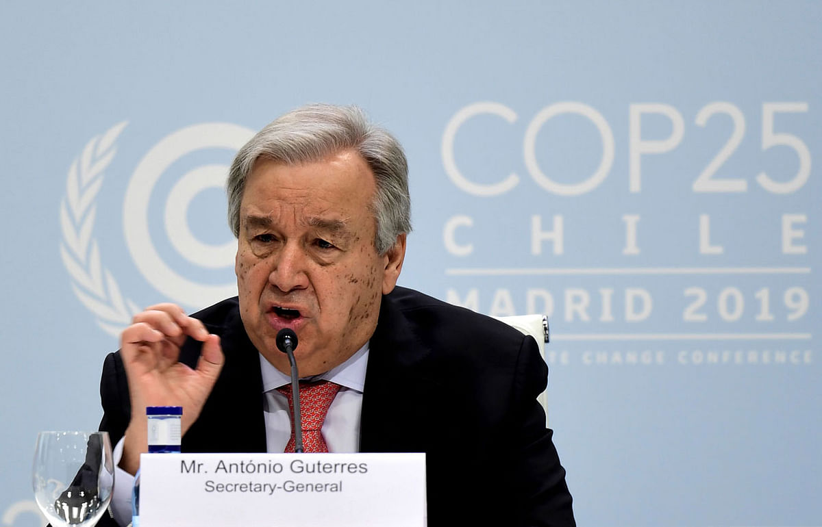United Nations Secretary-General Antonio Guterres gives a press conference, at the `IFEMA - Feria de Madrid` exhibition centre, in Madrid, on December 1, 2019, on the eve of the opening of the UN Climate Change Conference COP25. Photo: AFP