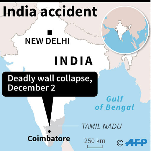 Map showing Coimbatore in India near to the location where a wall collapsed killing 17 peope on 2 December. Photo: AFP