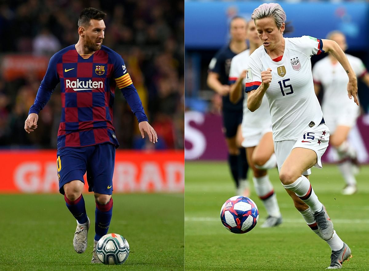 This combination of file photographs created on 26 November, 2019, shows (L) Barcelona`s Argentine forward Lionel Messi controlling the ball during the Spanish league football match between FC Barcelona and RC Celta de Vigo at the Camp Nou stadium in Barcelona on 9 November, 2019 and United States` forward Megan Rapinoe (R) fighting for the ball during the 2019 Women`s World Cup quarter-final football match between France and United States at The Parc des Princes stadium in Paris on 28 June, 2019. Photo: AFP