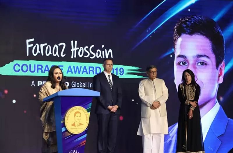 Farida Yasmin, former upazila nirbahi officer of Barhatta, Netrakona, speaks after winning the Faraaz Hossain Courage Award 2019 on 1 December, 2019. Photo: Saiful Islam