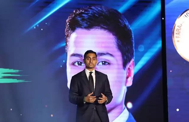 Faraaz’s elder brother Zarif Hossain conducts the Faraaz Hossain Courage Award 2019 on 1 December, 2019. Photo: Saiful Islam