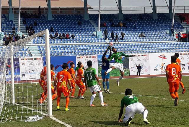 Bangladesh Men`s U-23 Football team made a frustrating start in the 13th South Asian Games Football after suffering an embarrassing 0-1 goal defeat against lowly Bhutan in the opening match at the Dasharath Rangasala Stadium in Kathmandu, Nepal on Monday. Photo: BOA