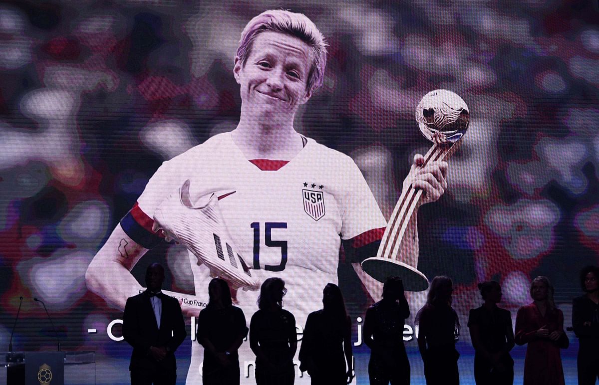 A video of Reign FC`s US midfielder Megan Rapinoe is displayed after she won the Ballon d`Or France Football 2019 women`s trophy at the Chatelet Theatre in Paris on 2 December 2019. Photo: AFP