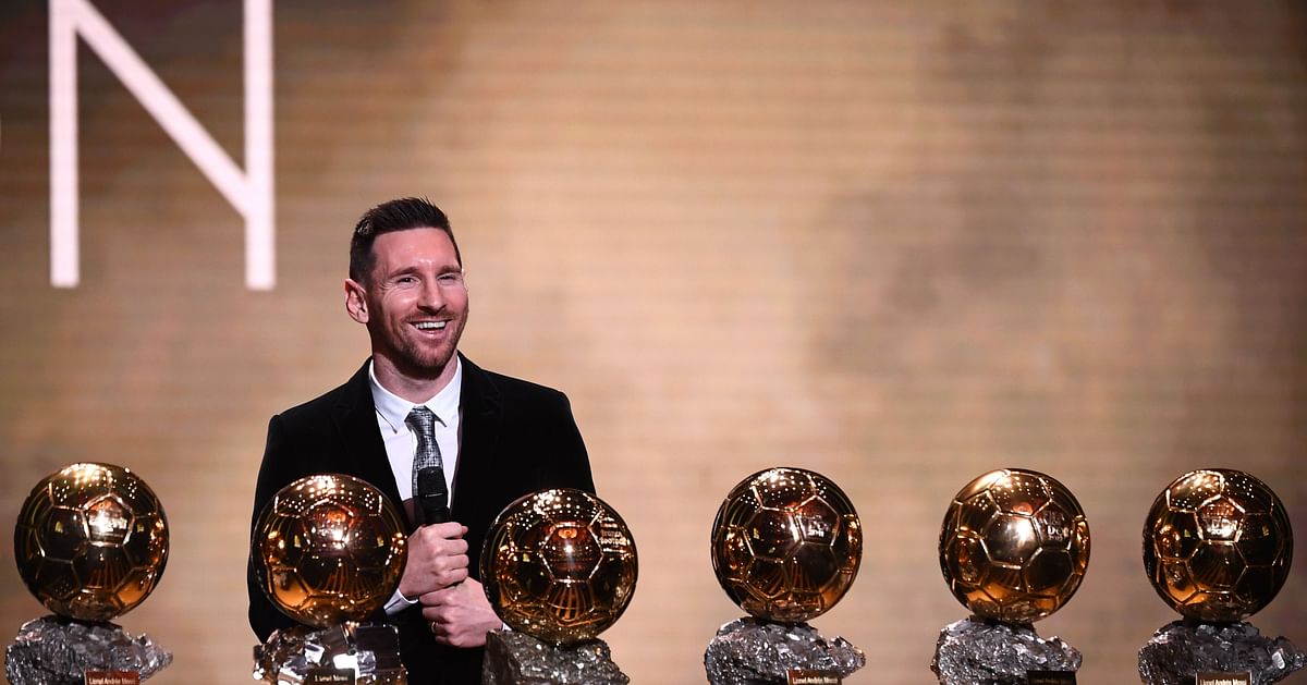 Barcelona`s Argentinian forward Lionel Messi reacts after winning the Ballon d`Or France Football 2019 trophy at the Chatelet Theatre in Paris on 2 December 2019. Photo: AFP